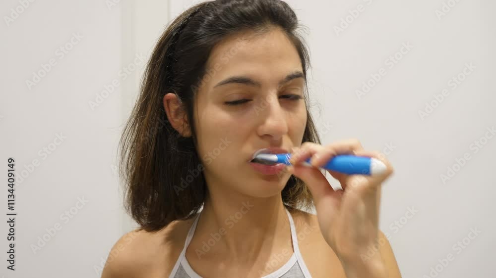 A young woman with straight black hair brushes her teeth, seen from the front. She diligently works to ensure her teeth are clean and healthy. A young woman with straight black hair brushes her teeth, seen from the front. She diligently works to ensure her teeth are clean and healthy.