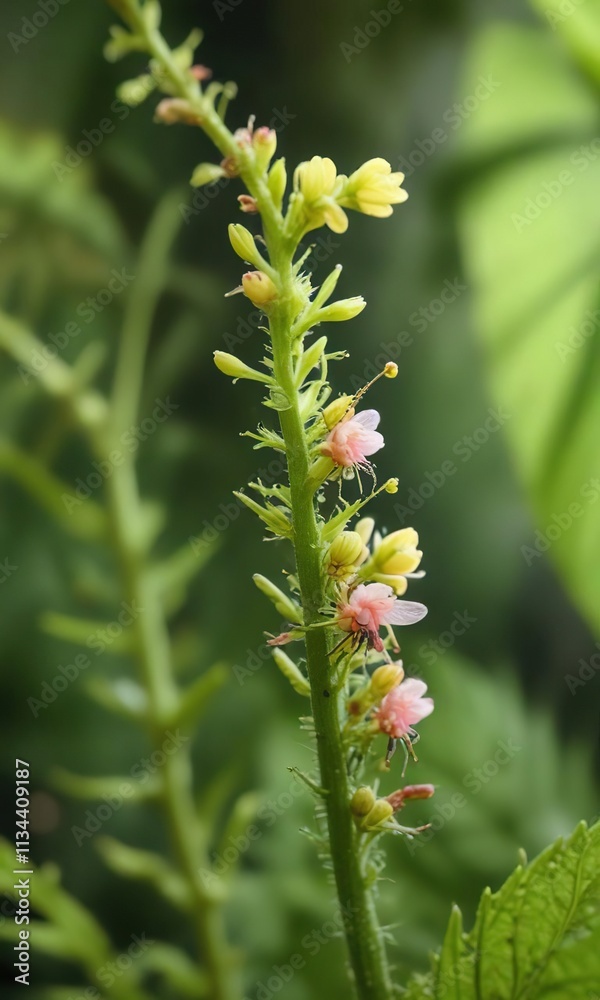 A small aphid is seen on a delicate flower twig amidst lush green foliage , entomology, greenfly, macro photography A small aphid is seen on a delicate flower twig amidst lush green foliage , entomology, greenfly, macro photography