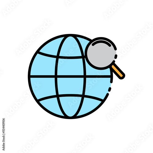 icon Global search, concept with magnifying glass and  globe for websites, blogs, presentations, educational materials, and environmental campaigns.Isolated white background editable,eps 10