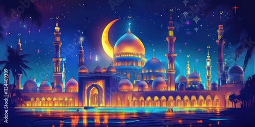 Illuminated mosque at night under crescent moon. photo