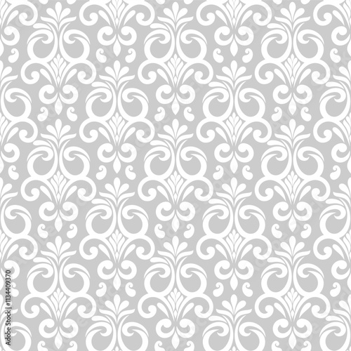 Floral geometric seamless pattern. Gray and white ornament. Fabric for ornament, wallpaper, packaging, vector background.