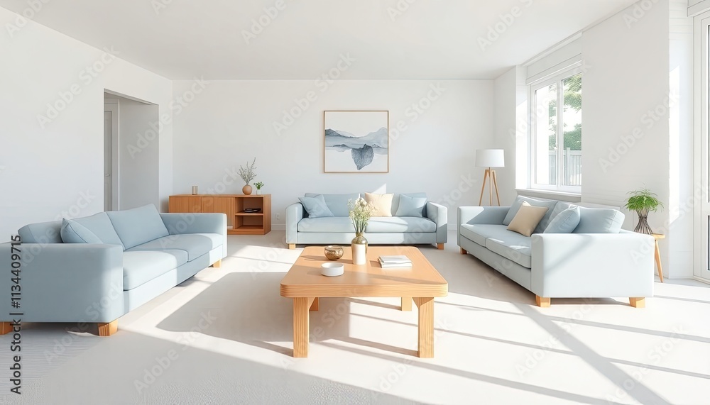 A bright and airy living room with light blue sofas, a wooden coffee table, and a framed landscape painting on the wall. A bright and airy living room with light blue sofas, a wooden coffee table, and a framed landscape painting on the wall.