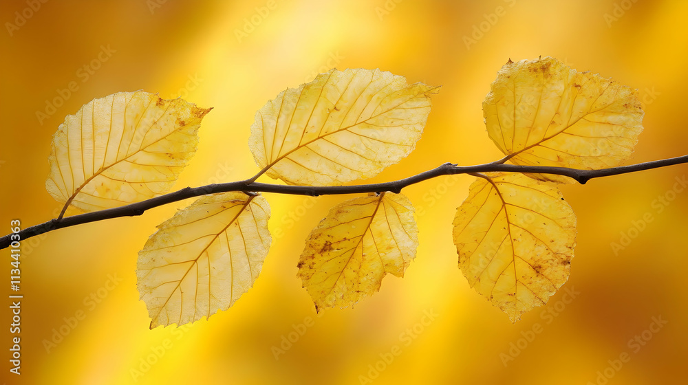 Autumn branch with yellow leaves against a blurred golden background. Autumn branch with yellow leaves against a blurred golden background.