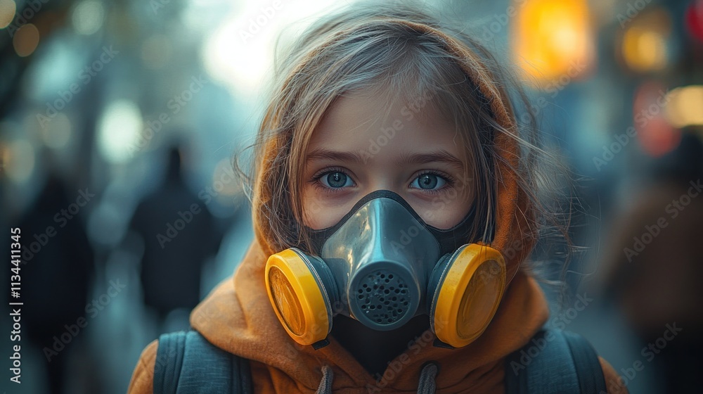 Child wearing a gas mask in an urban environment Child wearing a gas mask in an urban environment