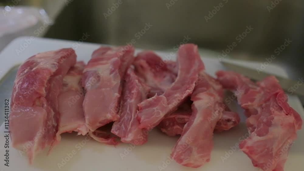 raw pork ribs on a white cutting board