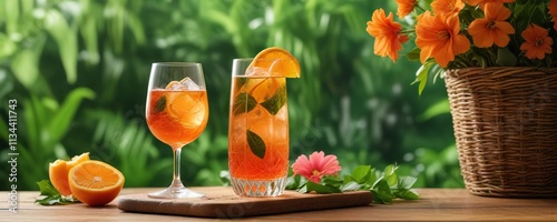 Aperol Spritz glass on a rattan table with a mossy green background and tropical flowers, apical spritz glass, tropical flowers, apical spritz cocktail