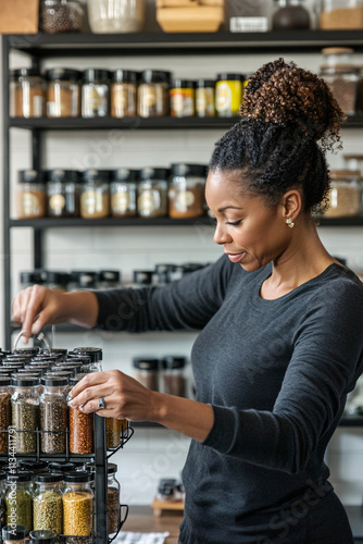 Close-Up of Organized Spice Jars Arranged on Shelves in a Modern Kitchen, Highlighting Culinary Order, Lifestyle, and Practicality photo