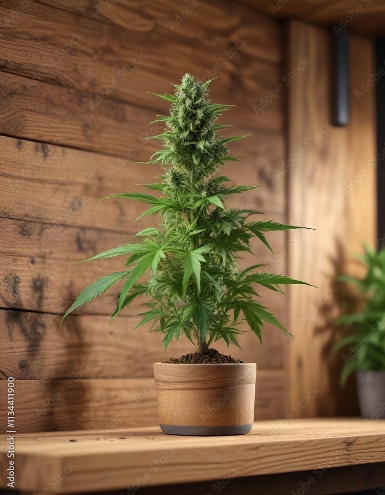 Fototapeta premium Cannabis plant with CBG-rich buds on a wooden shelf , herbaceous plants, plant growth, CBG