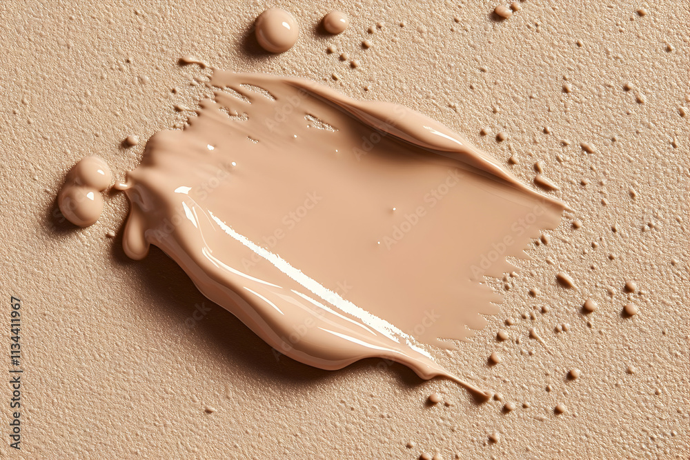 Beige makeup swatch with drips on textured background. Beige makeup swatch with drips on textured background.