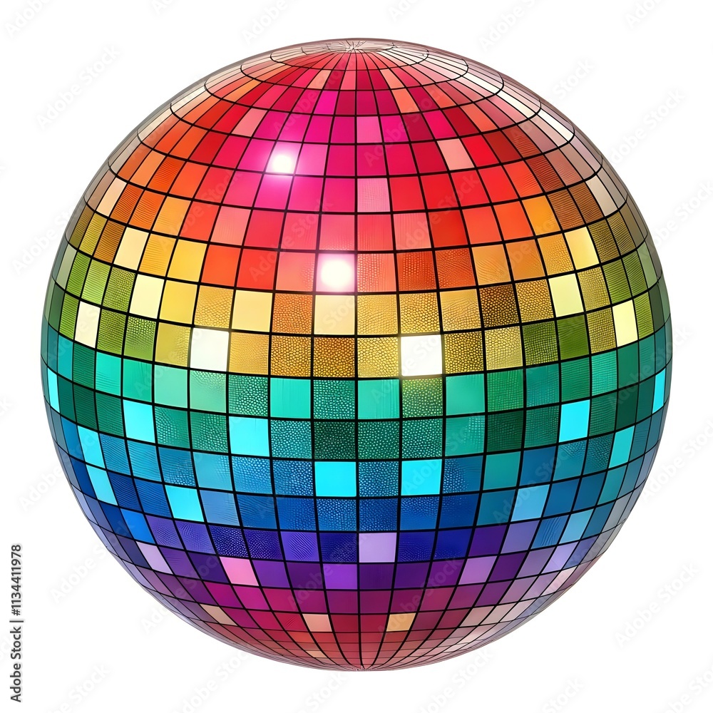 Fototapeta premium Shiny disco ball halftone with sparkling reflections isolated on white background for party and celebration