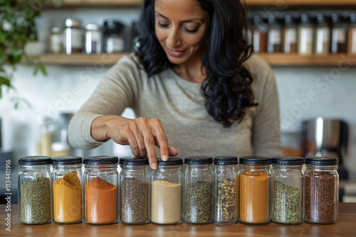 Close-Up of Organized Spice Jars Arranged on Shelves in a Modern Kitchen, Highlighting Culinary Order, Lifestyle, and Practicality photo