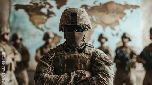 A mysterious soldier fully clad in combat gear with sunglasses stands before a world map, embodying a sense of duty and readiness, prepared for global missions. photo