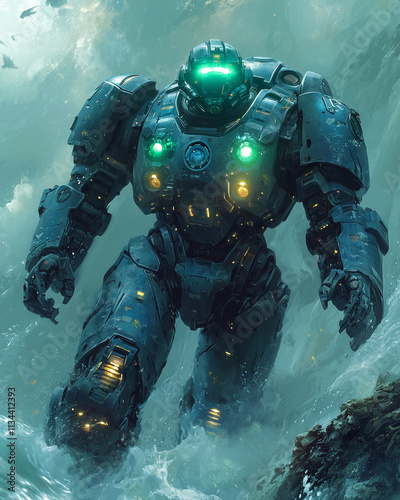 colossal underwater mech with green lighting patrols the ocean depths among marine life