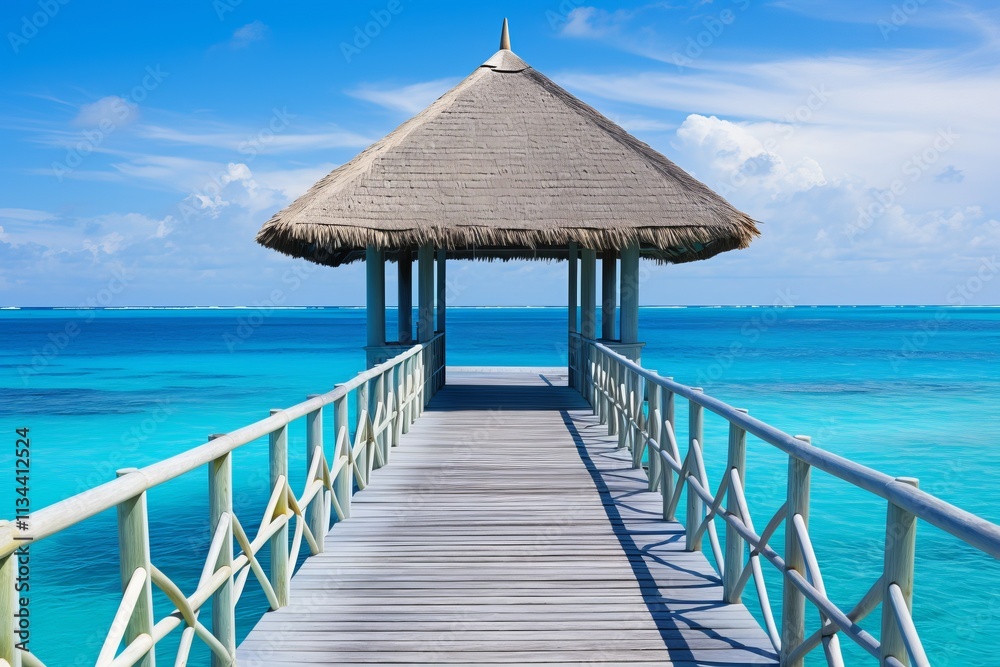 Serene wooden pier extends over turquoise waters under a clear blue sky. Generative AI Serene wooden pier extends over turquoise waters under a clear blue sky. Generative AI