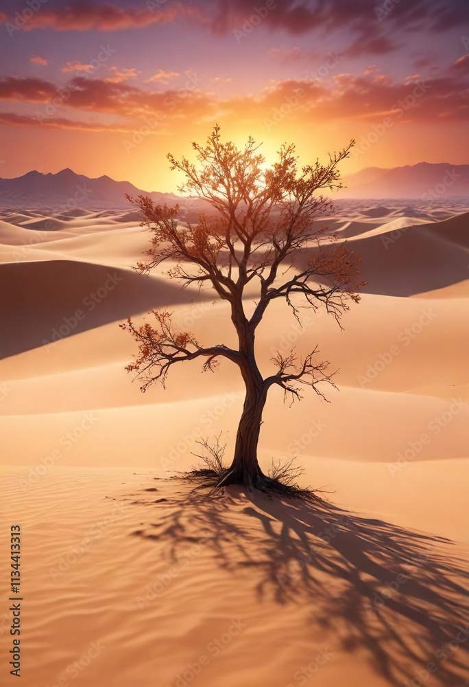 Desert landscape with a tree behind burning dunes, natural wonder, sandy terrain Desert landscape with a tree behind burning dunes, natural wonder, sandy terrain