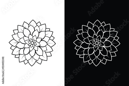 Stunning Dahlia Flower Outline. Elegant Line Art Silhouette Illustration