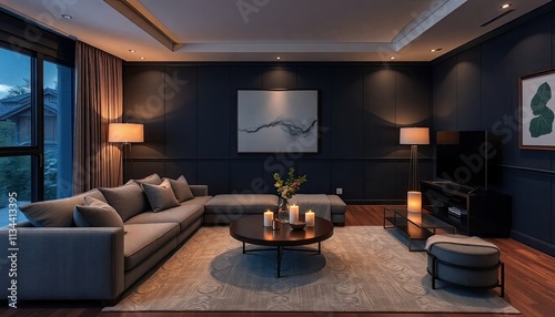 Wallpaper Mural A modern living room with dark blue walls, a large window, and a gray sectional sofa. The room is illuminated by floor lamps and a large abstract painting on the wall,  Torontodigital.ca