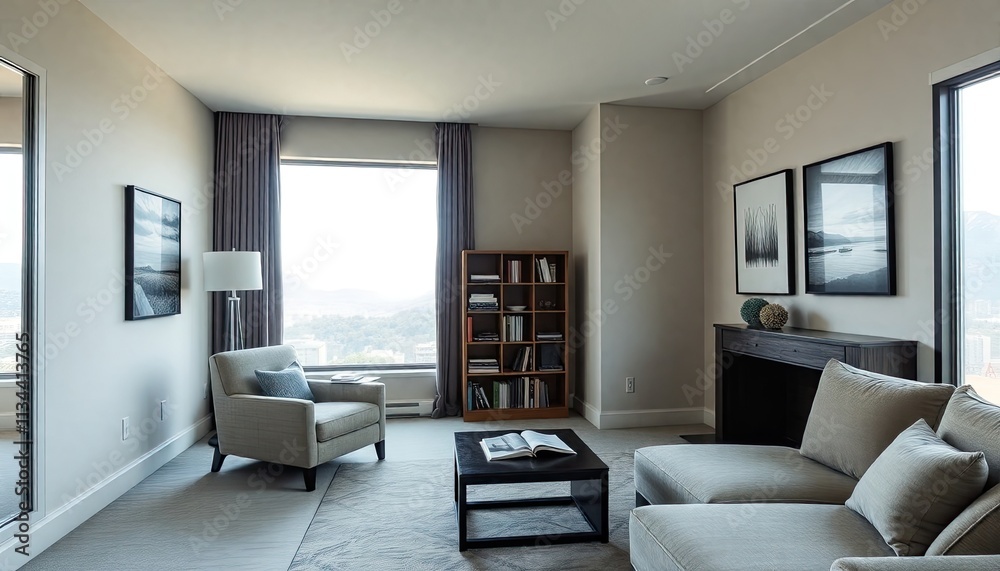 Fototapeta premium A modern living room with a large window offering a scenic view, a fireplace, a bookshelf, and a comfortable sofa.