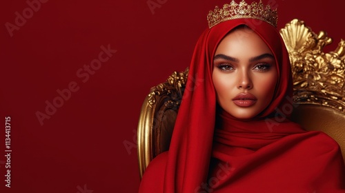 A beautiful woman with a crown in a luxurious red hijab sitting on a golden ornate chair, exuding elegance and regal charm against a rich red background. photo