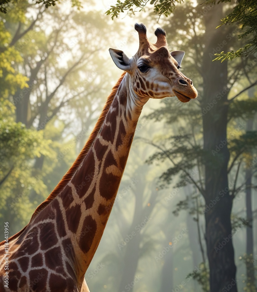 A majestic giraffe neck with dark spots on a sunny forest clearing, woodland scene, green and brown hues A majestic giraffe neck with dark spots on a sunny forest clearing, woodland scene, green and brown hues