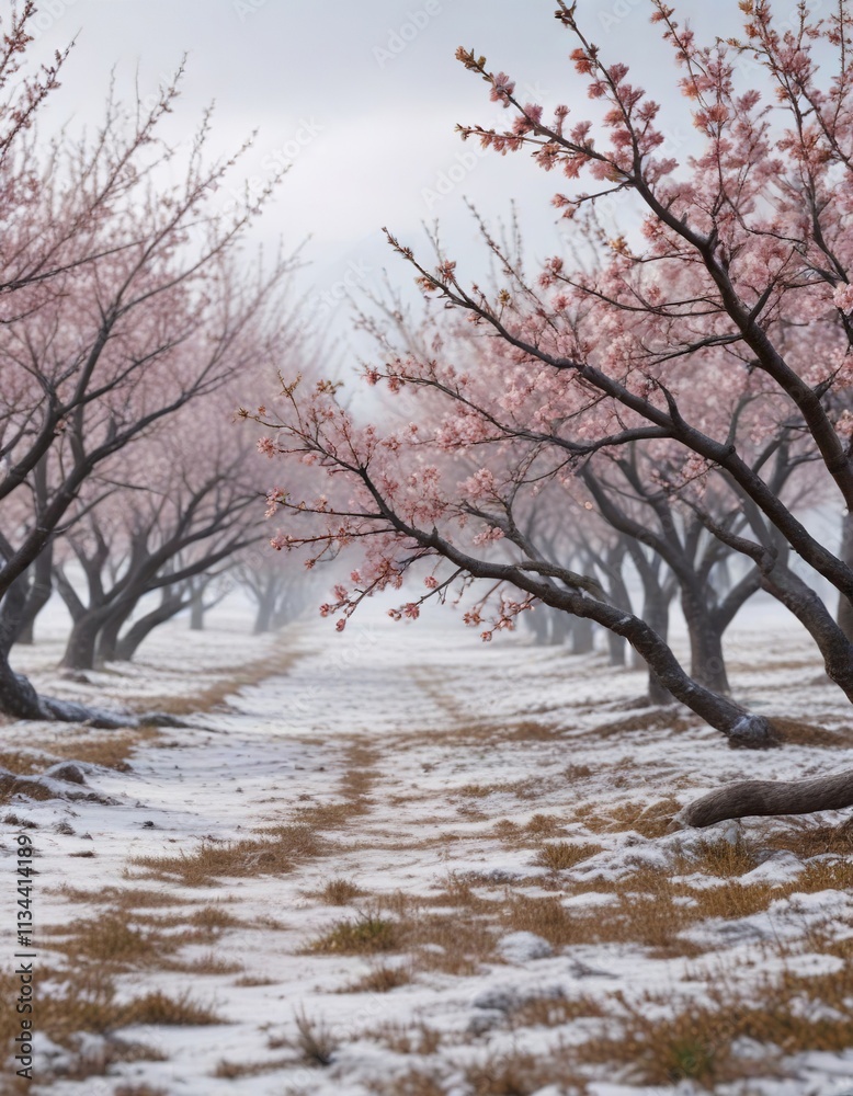 A group of almond blossoms on bare almond trees in a frosty winter landscape, frosty morning, winter landscape A group of almond blossoms on bare almond trees in a frosty winter landscape, frosty morning, winter landscape