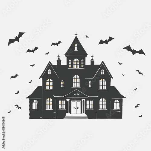 Black silhouette Halloween abandoned house on white background illustration
