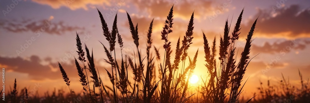 Softly glowing reed flowers against warm sunset sky, , serene landscape Softly glowing reed flowers against warm sunset sky, , serene landscape