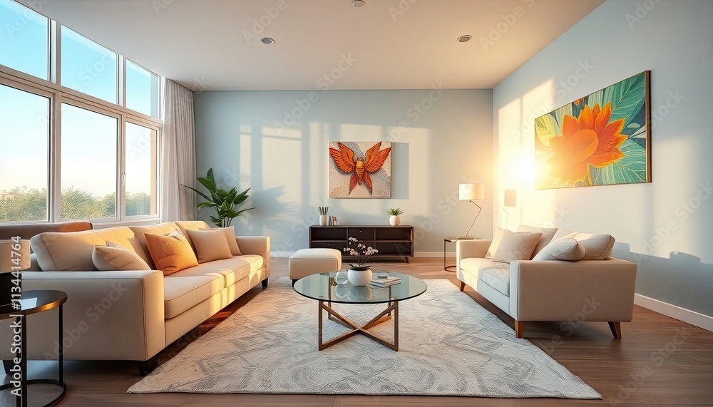 Fototapeta premium A modern living room with large windows, a white sofa, a glass coffee table, and artwork on the walls.