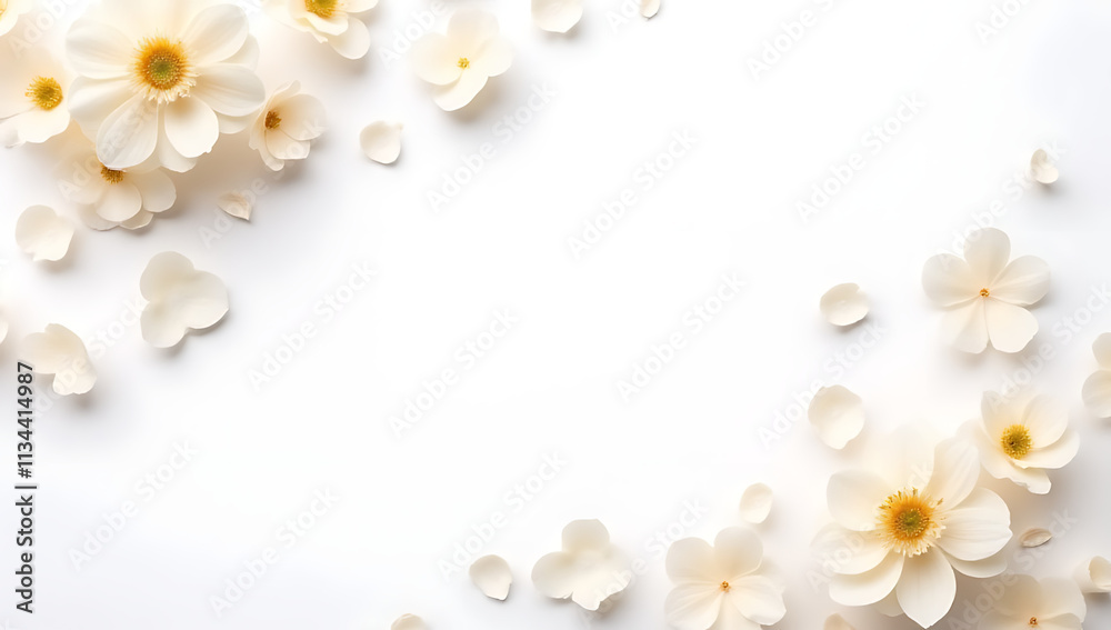 Delicate petal flowers adorn a minimalist white background, perfect for conveying love and wedding themes in flat lay arrangements._00002_ Delicate petal flowers adorn a minimalist white background, perfect for conveying love and wedding themes in flat lay arrangements._00002_