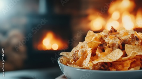 A bowl of cheesy nachos sits invitingly in front of a vibrant, warm fireplace, creating a cozy and appetizing scene during a chilly evening indoors. photo