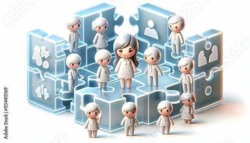 3D Transparent puzzle pieces with team icons isolated on white background concept as Transparent puzzle pieces featuring team icons representing clarity and seamless collaboration in team building puz photo