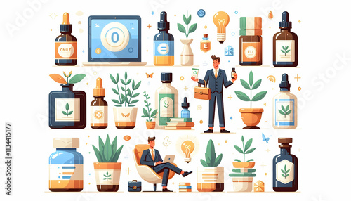 Elegant Essential Oils Bottle Set Vector Illustrations for Aromatherapy Infographics on Clean White Background