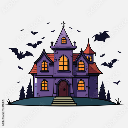 The silhouette of the Haunted House stands eerily alone, surrounded by tombstones and dead trees on a white background