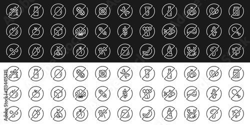 Allergen free ingredients. Allergen free products. Products warning symbols. Nitrates, GMO, lactose, gluten, sugar, corn, egg, trans fat, soy, nut, paraben, coffeine free signs.