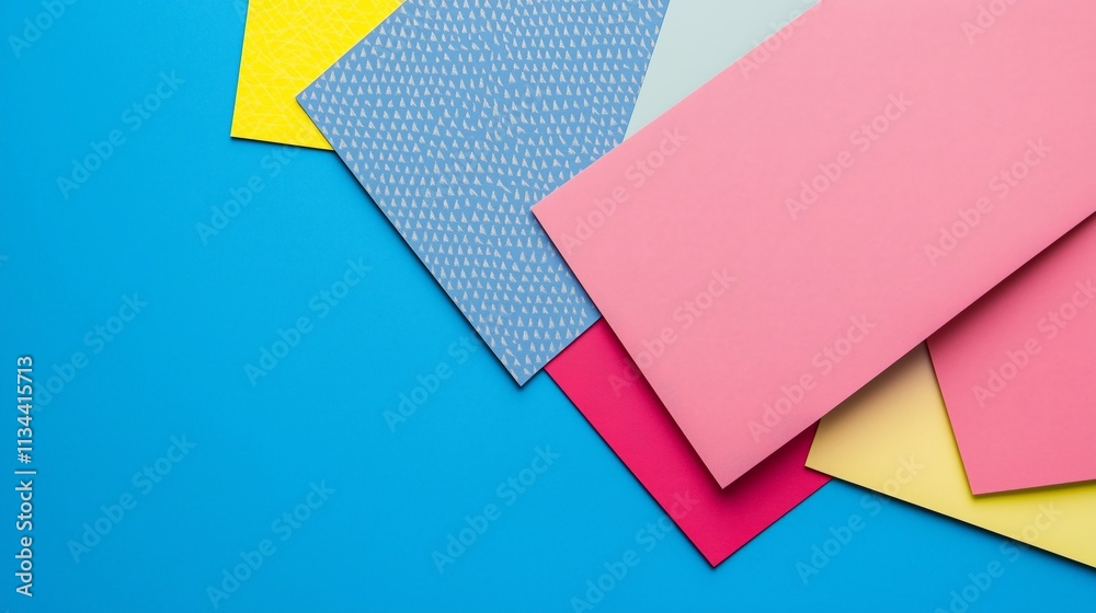 A high-angle view of layered colorful cardstock in shades of pink, blue, yellow, and patterns, arranged on a vibrant blue background, creating a modern and artistic layout