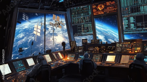 Fototapeta Naklejka Na Ścianę i Meble -  A space station control room, with astronauts monitoring satellite data and spacecraft movement through large screens and control panels