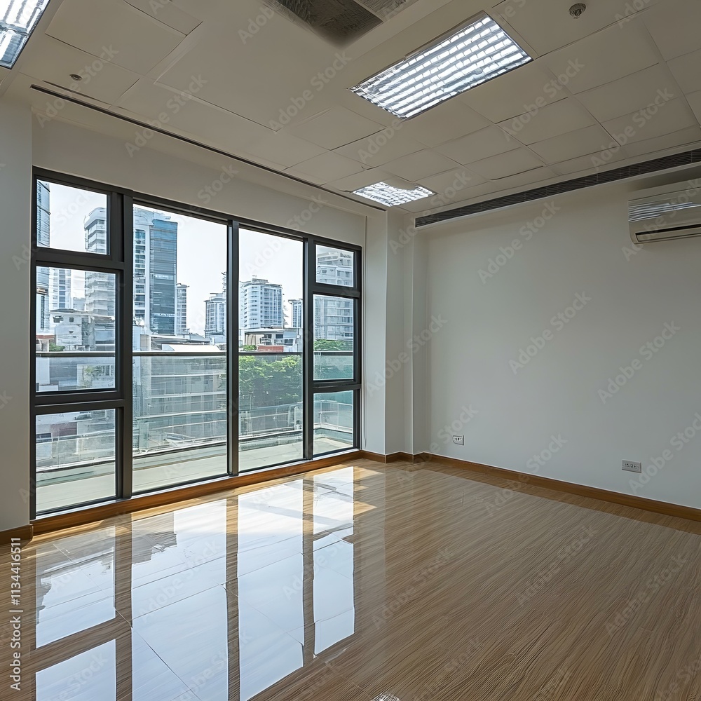 Fototapeta premium Modern Empty Office Room with Large Window and City View