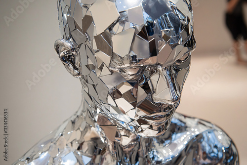 Abstract Metallic Sculptures Depicting Fragmented Human Faces with Reflective Surfaces, Highlighting Art, Technology, and Modern Design photo