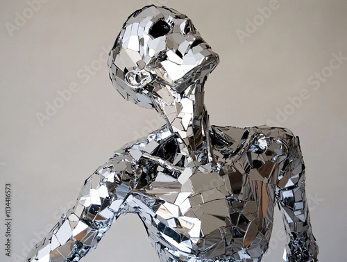 Abstract Metallic Sculptures Depicting Fragmented Human Faces with Reflective Surfaces, Highlighting Art, Technology, and Modern Design photo