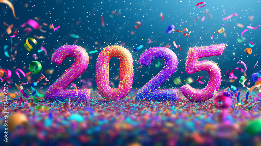 Vibrant 2025 New Year Celebration with Colorful Confetti, Ribbons, and Festive Sparkles Vibrant 2025 New Year Celebration with Colorful Confetti, Ribbons, and Festive Sparkles