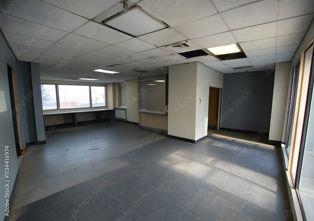 Obraz premium Empty Office Space with Damaged Ceiling Tiles and Windows