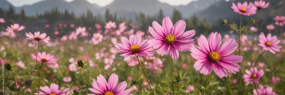 Fototapeta premium Pink Cosmos flowers swaying in the morning breeze , grass, cosmos