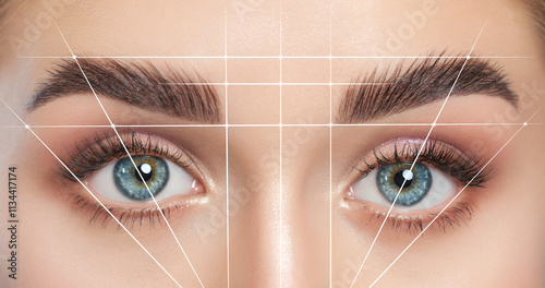 Permanent make-up for eyebrows of beautiful woman in beauty salon. Closeup beautician doing eyebrows tattooing. Collage before and after the procedure.