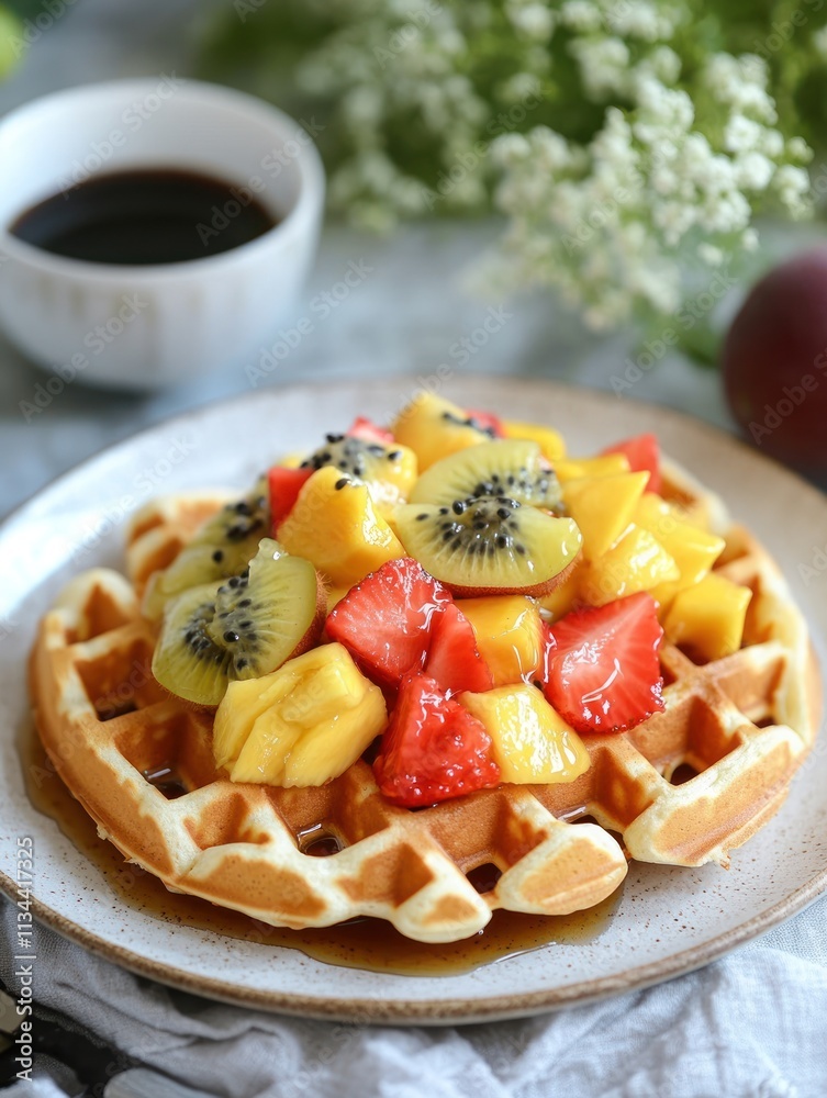 A delicious waffle topped with fresh fruits and syrup, perfect for breakfast or dessert. A delicious waffle topped with fresh fruits and syrup, perfect for breakfast or dessert.