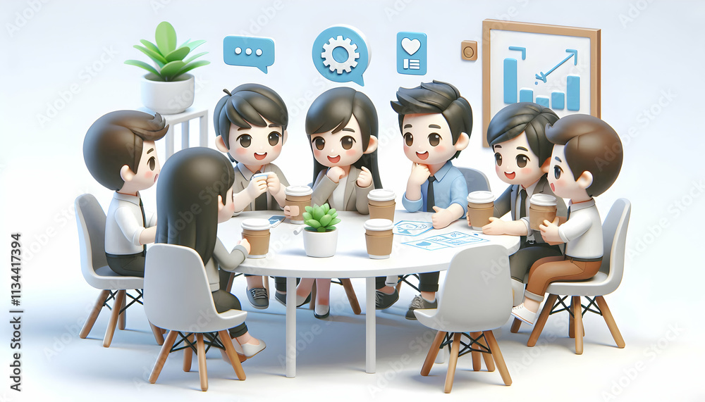 3D Team brainstorming in modern office with coffee copy space on left concept as A diverse team brainstorming ideas in a modern office while enjoying coffee captured candidly in a collaborative worksp 3D Team brainstorming in modern office with coffee copy space on left concept as A diverse team brainstorming ideas in a modern office while enjoying coffee captured candidly in a collaborative worksp