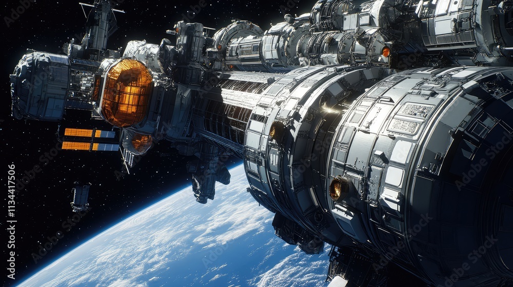 A space station docking bay with spacecrafts and modules connected, with the station's interior showing metallic surfaces and technological interfaces A space station docking bay with spacecrafts and modules connected, with the station's interior showing metallic surfaces and technological interfaces