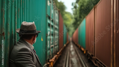 A man in a hat stands beside rail tracks, observing the passage of colorful train containers, highlighting themes of contemplation and industrial progress. photo