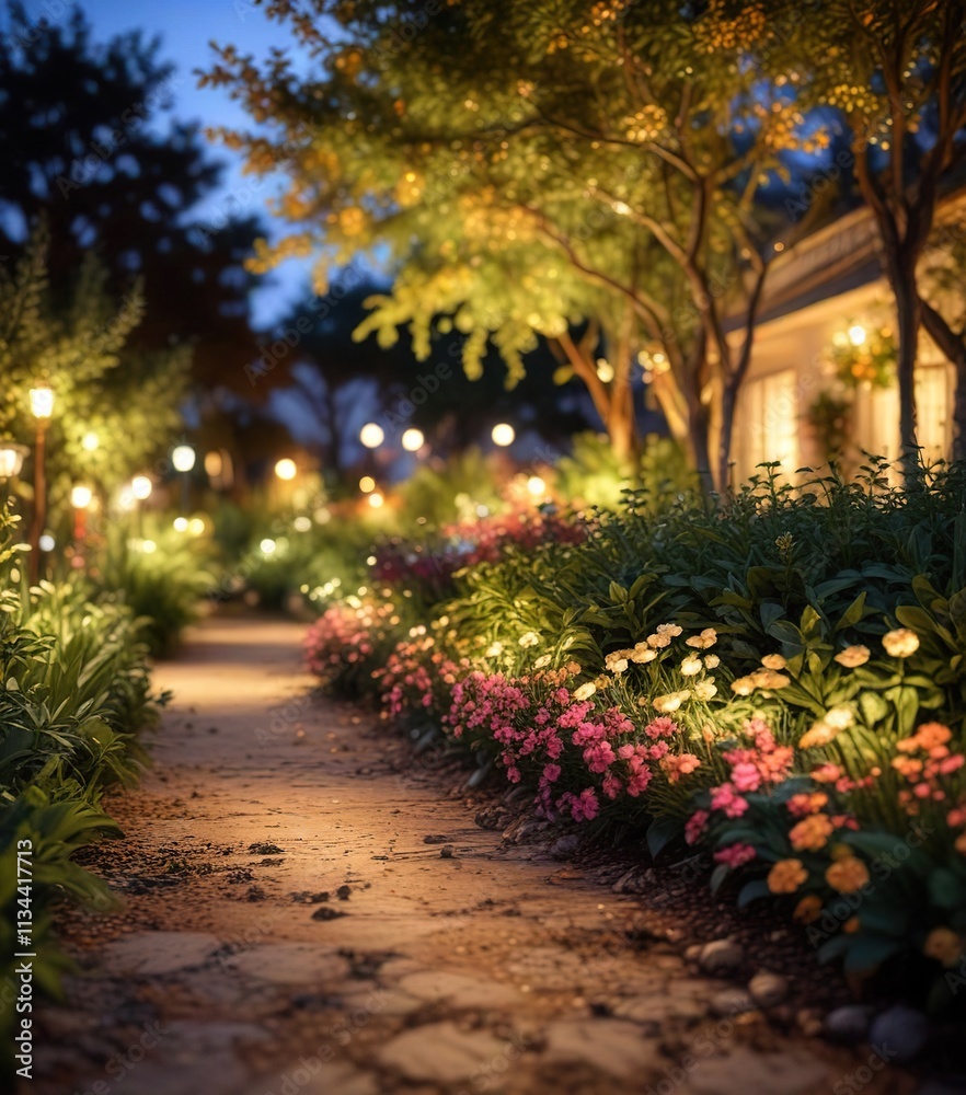 Aesthetic shot of a garden at dusk with golden bokeh lights, dusk, serene atmosphere Aesthetic shot of a garden at dusk with golden bokeh lights, dusk, serene atmosphere