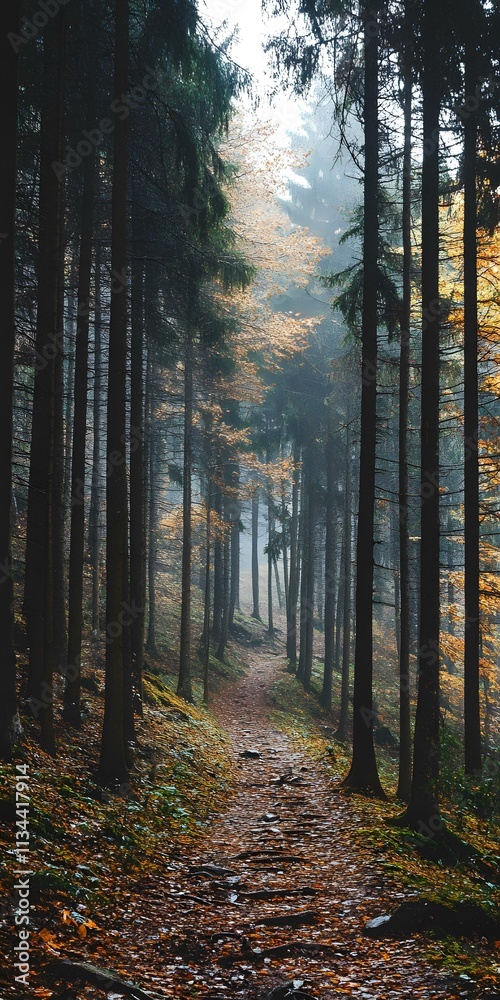 Fototapeta premium Autumn Forest Path with Fog and Rain