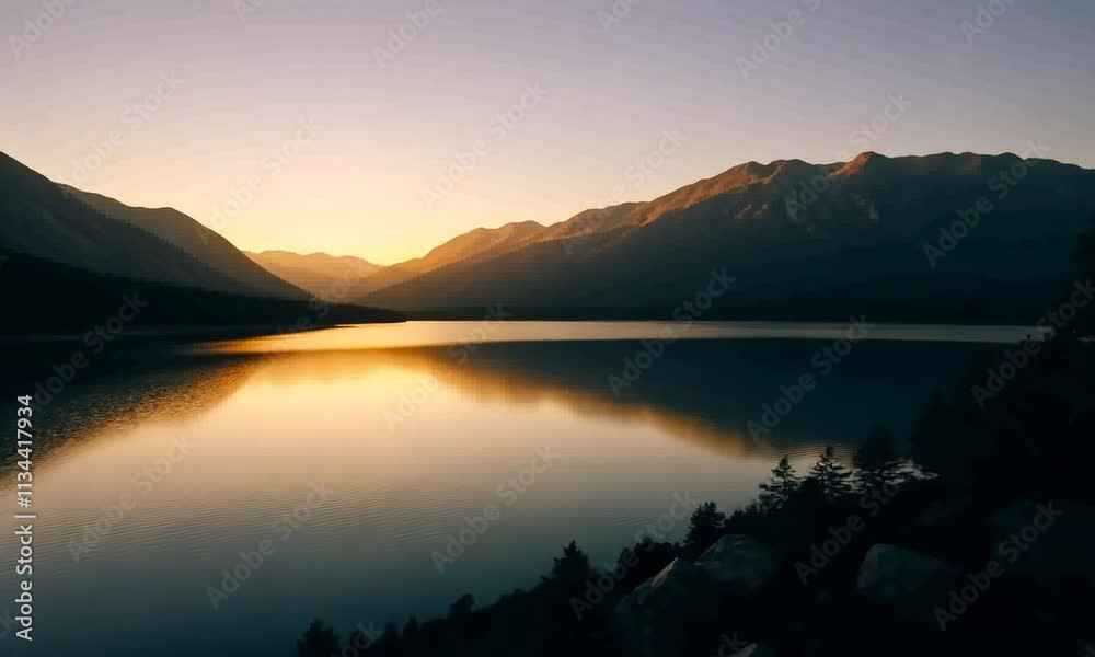 Serene Sunset Over Silhouetted Mountains and Calm Water Serene Sunset Over Silhouetted Mountains and Calm Water